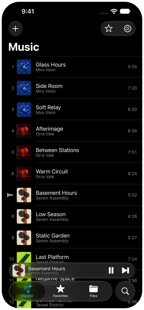Vibe on iPhone: the playlist, with artwork thumbnails, titles, artists, and durations, and a mini player above the tab bar.
