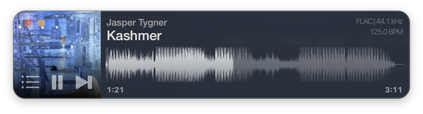 The Vibe window: album art, track title, and a full-width waveform with elapsed and remaining time.